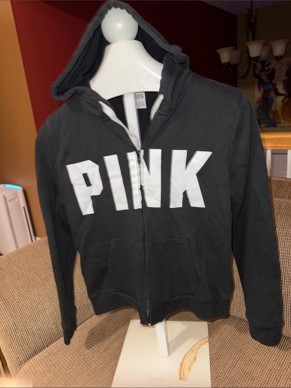 PINK Victoria's Secret Black Zip Hoodie with White Logo
